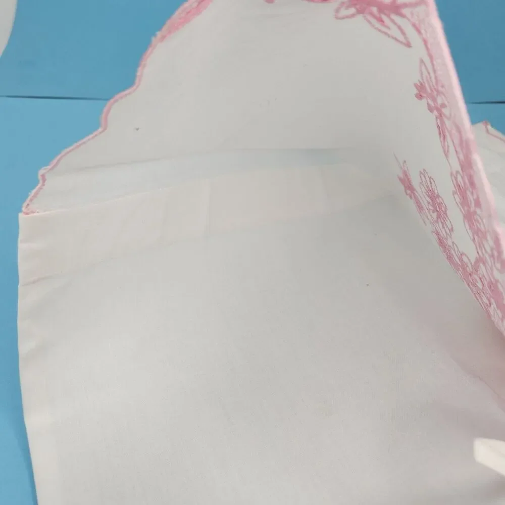 Pillow Cover Embroidered Pink White Foldover Pocket Case with Tie‎ 14x17